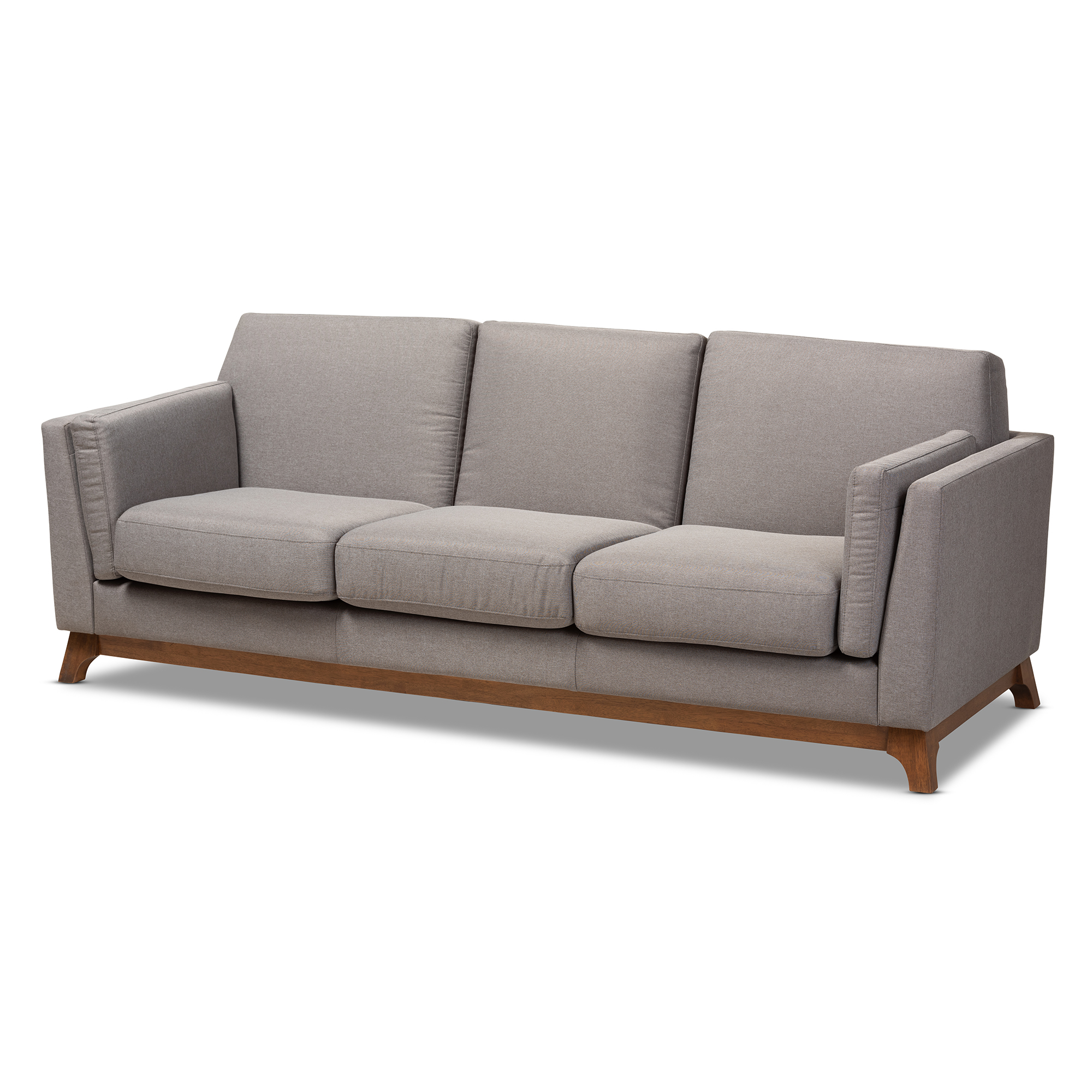 Baxton Studio Sava Mid-Century Modern Grey Fabric Upholstered Walnut Wood 3-Seater Sofa